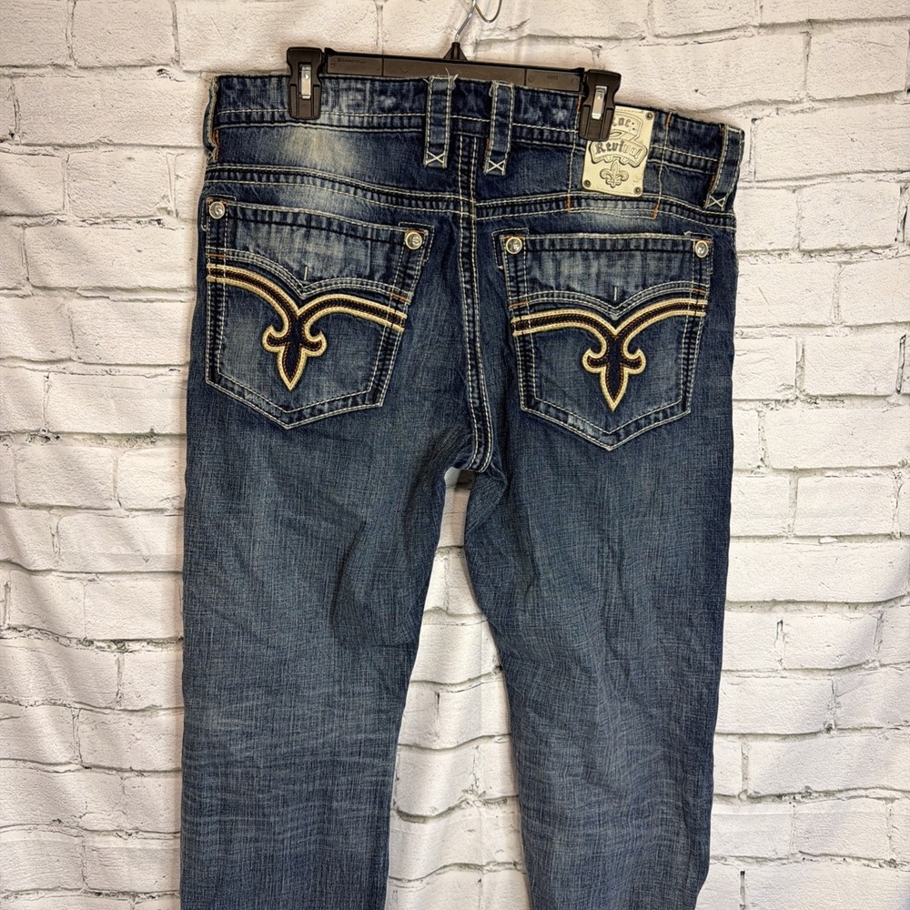 Rock Revival Men's Blue Denim Jeans Flat Front 5-Pocket Embroidered Sz 38
